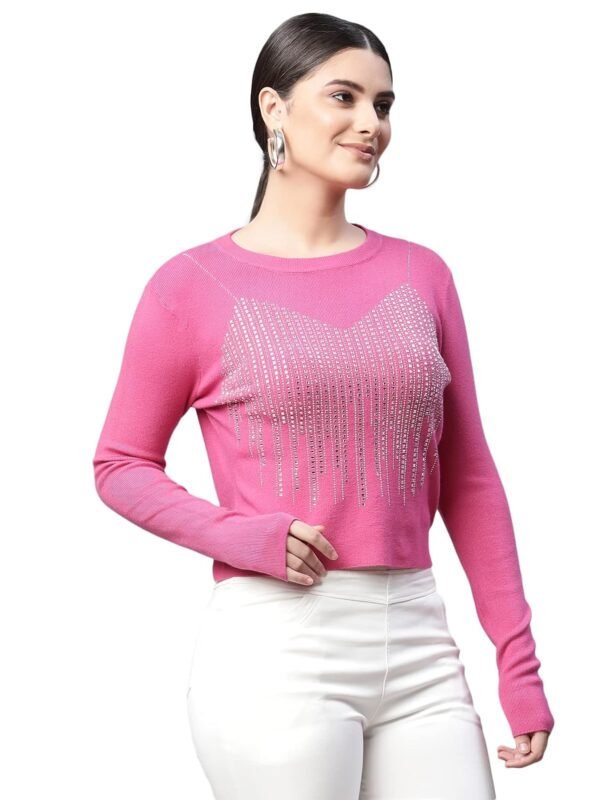 Women Round Neck Cropped Slim Fit Knitted Pullover - Image 4