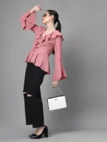 Women Bell Sleeves V Neck A-Line Blouse - Image 3