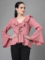 Women Bell Sleeves V Neck A-Line Blouse - Image 5
