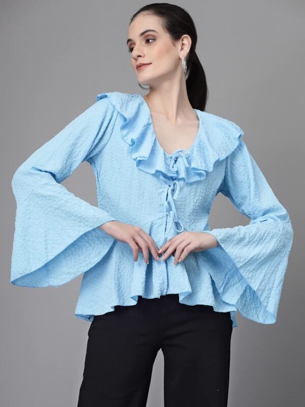 SM2912748_1 Women Bell Sleeves V Neck A-Line Blouse Sky Blue - Image 1