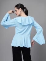 Women Bell Sleeves V Neck A-Line Blouse Sky Blue - Image 2