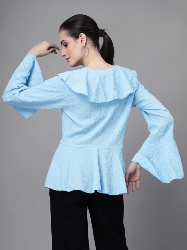Women Bell Sleeves V Neck A-Line Blouse Sky Blue - Image 2
