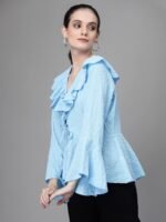Women Bell Sleeves V Neck A-Line Blouse Sky Blue - Image 3
