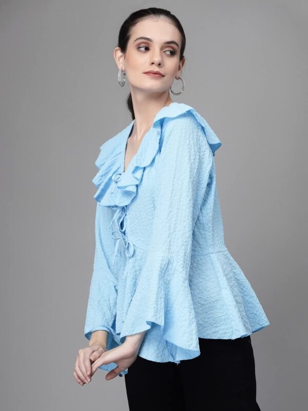 Women Bell Sleeves V Neck A-Line Blouse Sky Blue - Image 3