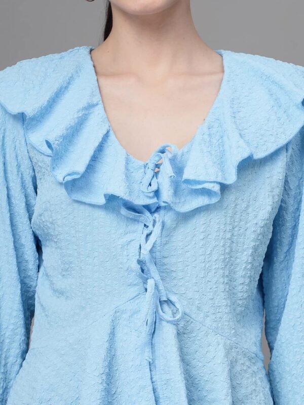 Women Bell Sleeves V Neck A-Line Blouse Sky Blue - Image 5