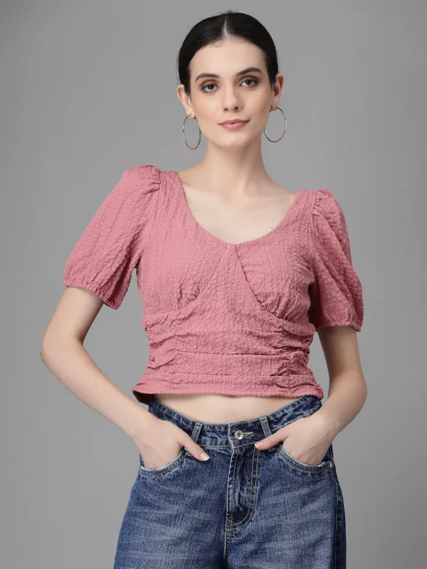 Women V Neck Cropped Length Embroidered Dusty Pink Blouson Top - Image 1