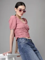 Women V Neck Cropped Length Embroidered Dusty Pink Blouson Top - Image 2