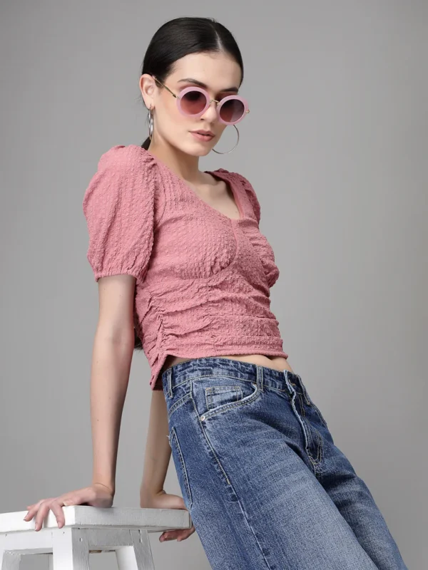 Women V Neck Cropped Length Embroidered Dusty Pink Blouson Top - Image 2