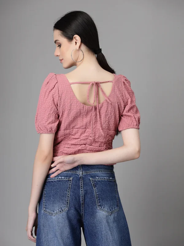 Women V Neck Cropped Length Embroidered Dusty Pink Blouson Top - Image 3