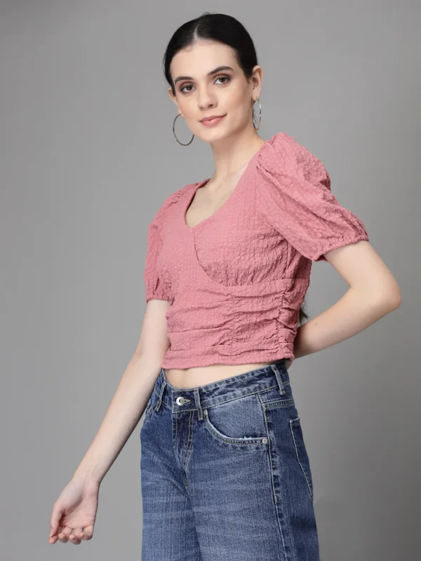 Women V Neck Cropped Length Embroidered Dusty Pink Blouson Top - Image 4