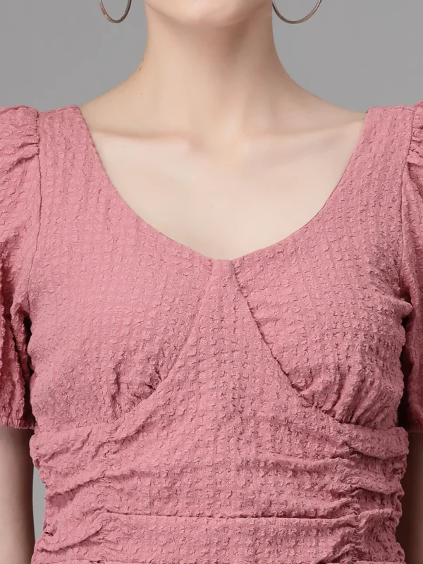 Women V Neck Cropped Length Embroidered Dusty Pink Blouson Top - Image 5