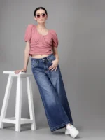 Women V Neck Cropped Length Embroidered Dusty Pink Blouson Top - Image 6