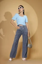 Women Scoop Neck Sky Blue Embroidered Blouson Top