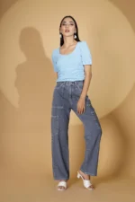 Women Scoop Neck Sky Blue Embroidered Blouson Top - Image 2