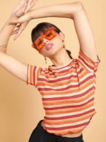 Women Brick Orange & Multi-Color Horizontal Striped Cropped Top - Image 3
