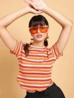 Women Brick Orange & Multi-Color Horizontal Striped Cropped Top
