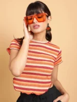 Women Brick Orange & Multi-Color Horizontal Striped Cropped Top - Image 2