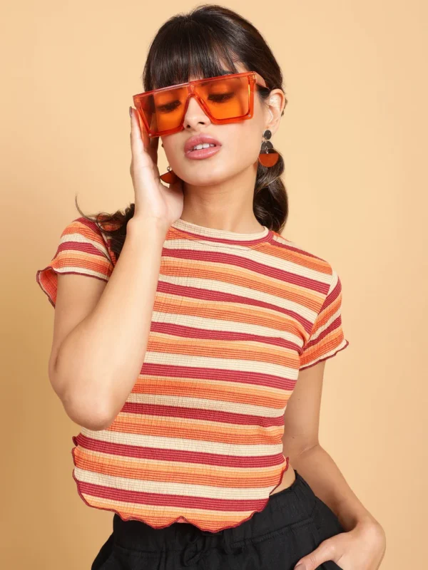 Women Brick Orange & Multi-Color Horizontal Striped Cropped Top - Image 2