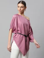 Women Pink Satin Asymmetric Hem Off-Shoulder Top