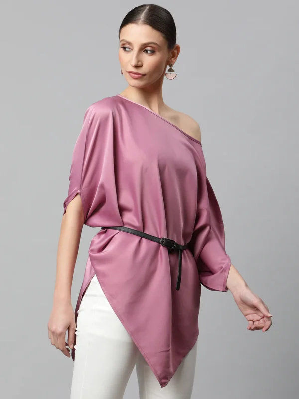 SM2936330_1 Women Pink Satin Asymmetric Hem Off-Shoulder Top - Image 1