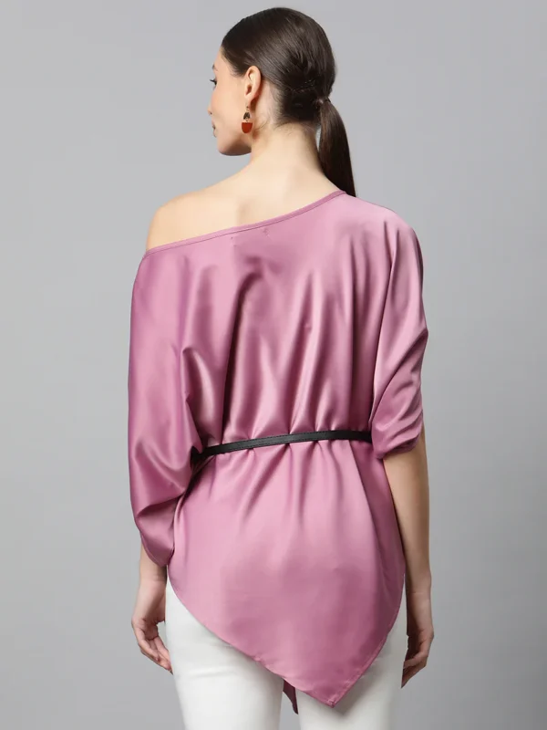 Women Pink Satin Asymmetric Hem Off-Shoulder Top - Image 2