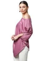 Women Pink Satin Asymmetric Hem Off-Shoulder Top - Image 3