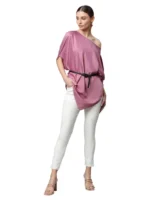 Women Pink Satin Asymmetric Hem Off-Shoulder Top - Image 4