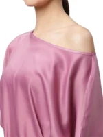 Women Pink Satin Asymmetric Hem Off-Shoulder Top - Image 5