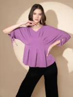 Women V-Neck Loose Fit Mauve Blouson Top - Image 2