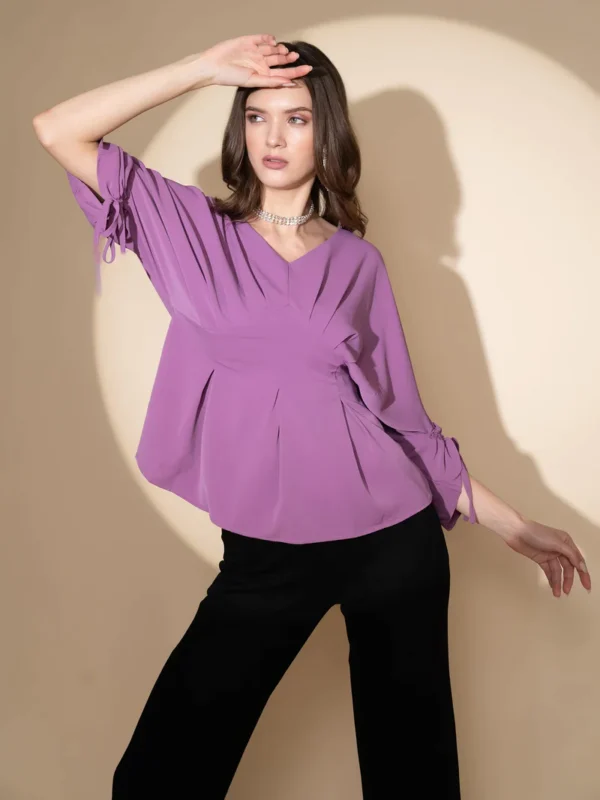 Women V-Neck Loose Fit Mauve Blouson Top - Image 1
