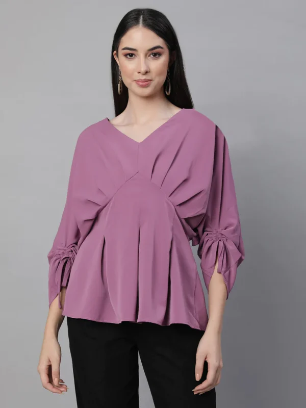 Women V-Neck Loose Fit Mauve Blouson Top - Image 3