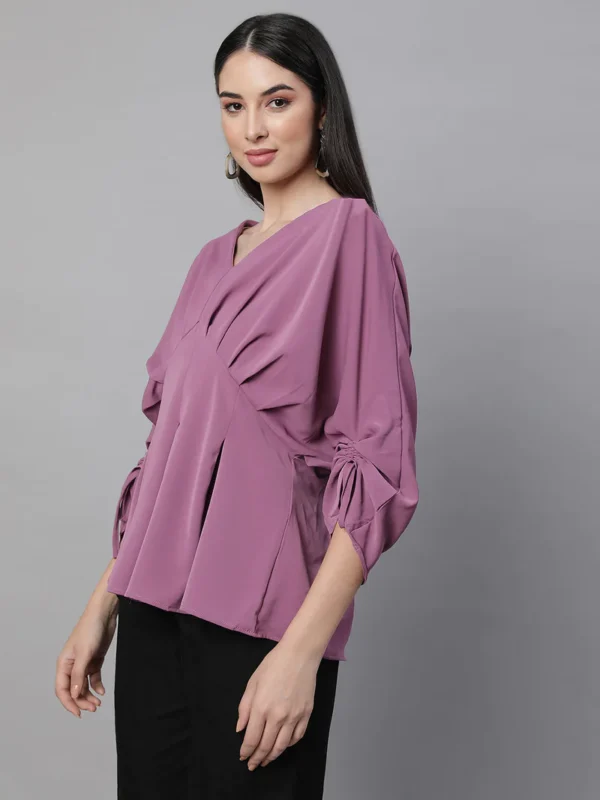 Women V-Neck Loose Fit Mauve Blouson Top - Image 4