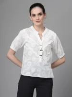 Women Straight Fit Collared V-Neck Embroidered White Blouson Top