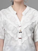 Women Straight Fit Collared V-Neck Embroidered White Blouson Top - Image 2
