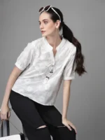 Women Straight Fit Collared V-Neck Embroidered White Blouson Top - Image 6