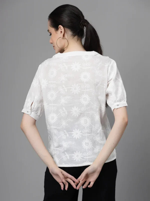 SM2954981_4 Women Straight Fit Collared V-Neck Embroidered White Blouson Top - Image 3