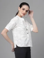 Women Straight Fit Collared V-Neck Embroidered White Blouson Top - Image 4