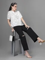 Women Straight Fit Collared V-Neck Embroidered White Blouson Top - Image 5