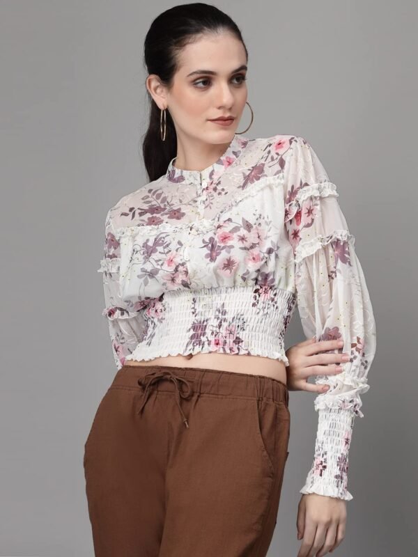 Blouse for Women White Round Neck Embroidered Top for Women - Image 3