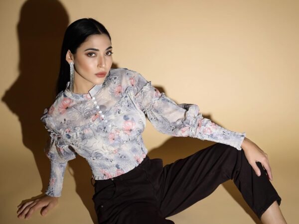 Women Mandarin Collar Printed Grey Blouson Top with Elasticated Hem - Image 2