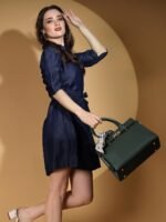 Women Dark Blue Collar Neck Shirt Dress - Image 4
