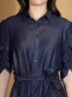 Women Dark Blue Collar Neck Shirt Dress - Image 5