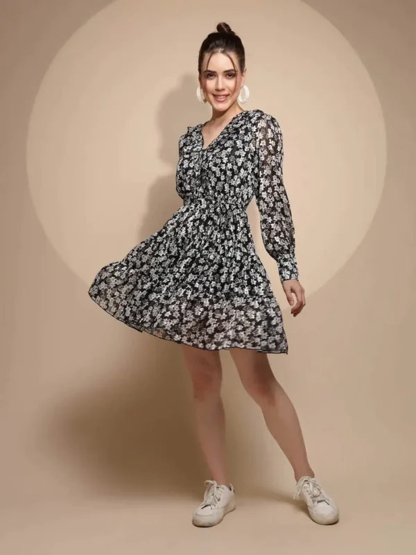 Women's Floral  Printed V-Neck Black Dress - Image 7