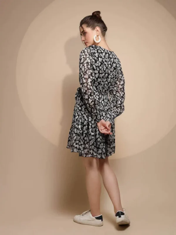 Women's Floral  Printed V-Neck Black Dress - Image 6