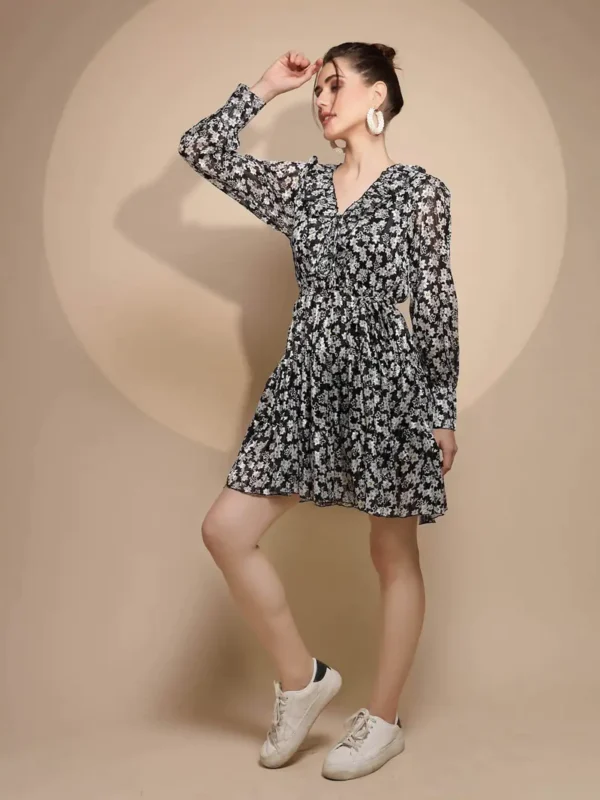Women's Floral  Printed V-Neck Black Dress - Image 5