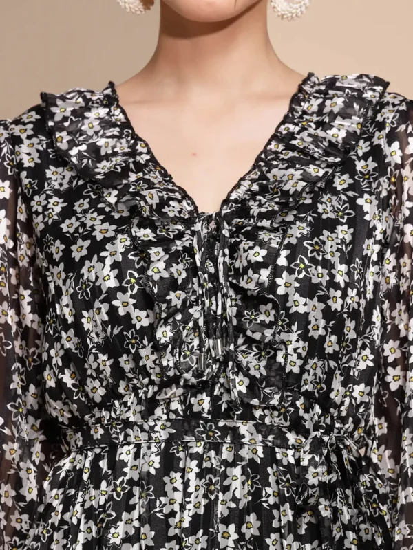 Women's Floral  Printed V-Neck Black Dress - Image 2