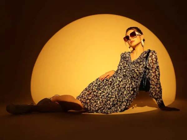 Women's Floral  Printed V-Neck Black Dress - Image 8