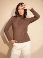 Women Brown Full Sleeve Turtle Neck Knit Top