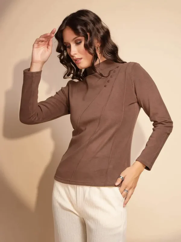 Women Brown Full Sleeve Turtle Neck Knit Top - Image 3