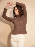 Women Brown Full Sleeve Turtle Neck Knit Top - Image 6